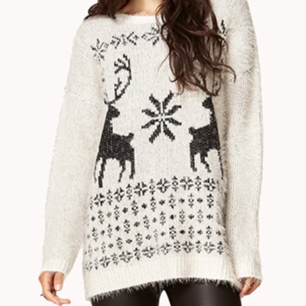 Christmas Forever 21Reindeer Snowflake Fair Isle Holiday Sweater Size M White